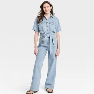 Denim short sleeve jumpsuit with belt